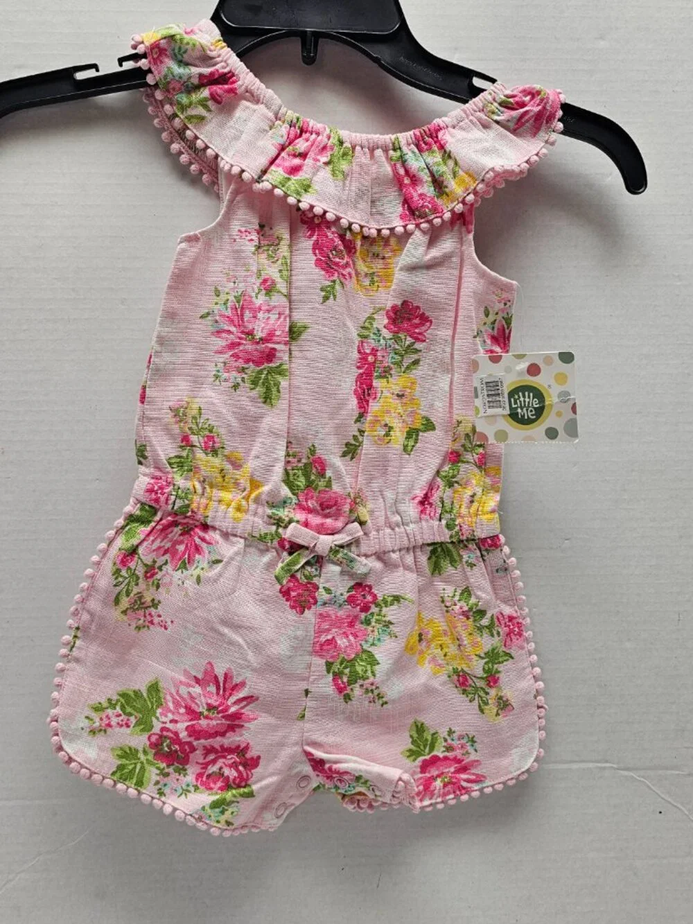 New Little Me Pink Baby Girl Flower Woven Romper Sleeveless Pom edge 24 Month